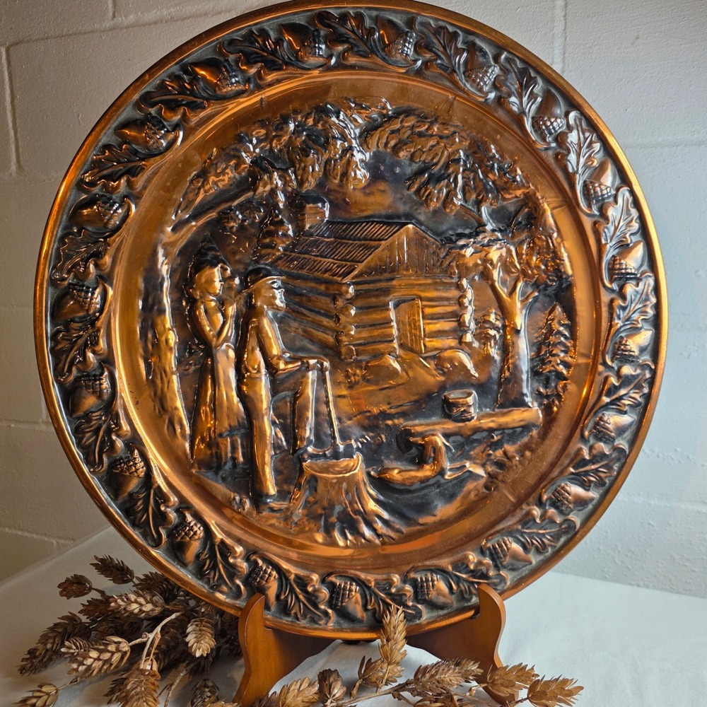 Vintage Embossed Copper Plate 'Settlers Scene' Log Cabin‎ Oak Leaf Border 19.5"